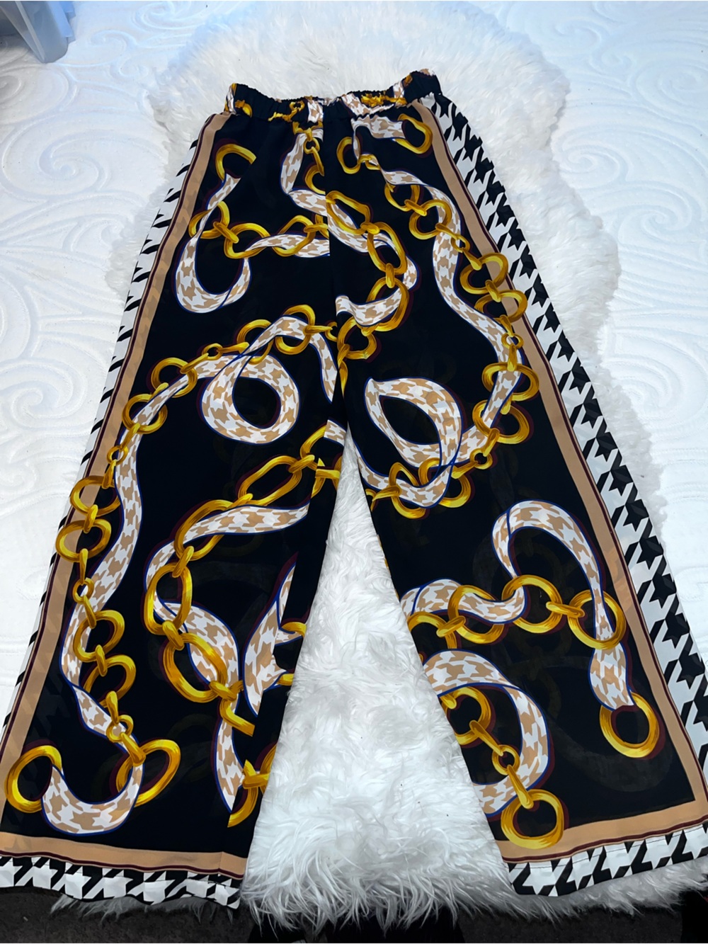 Black Chain-Print Wide Leg Pants with Houndstooth Side Trim